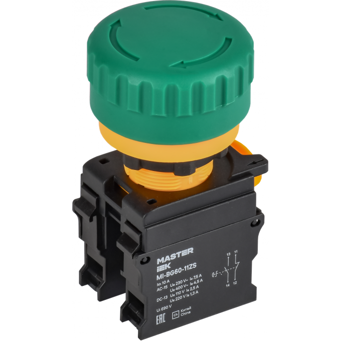 Кнопка IEK MASTER MI-BG60-11ZS-3-23-K06 "Грибок" поворотная с фиксацией 1NO+1NC зелёная MI-BG60-11ZS-3-23-K006