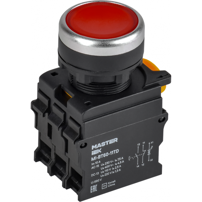 Кнопка с подсветкой и фиксацией IEK MASTER MI-BT60-11TD-3-11-K04 d=22мм 1NO+1NC красная MI-BT60-11TD-3-111-K04