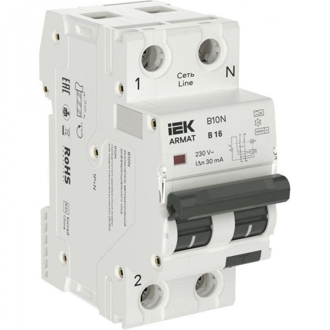 Выключатель автоматический дифференциального тока IEK ARMAT 2п (1P+NP) B 16 30мА тип A АВДТ B10N 36мм AR-B10N-1N-B016A030