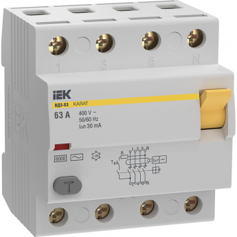Выключатель дифференциальный (УЗО) IEK KARAT ВД3-63 4P 63А 30мА 6кА тип AC Выключатель дифференциальный (УЗО) IEK KARAT ВД3-63 4P 63А 30мА 6кА тип AC